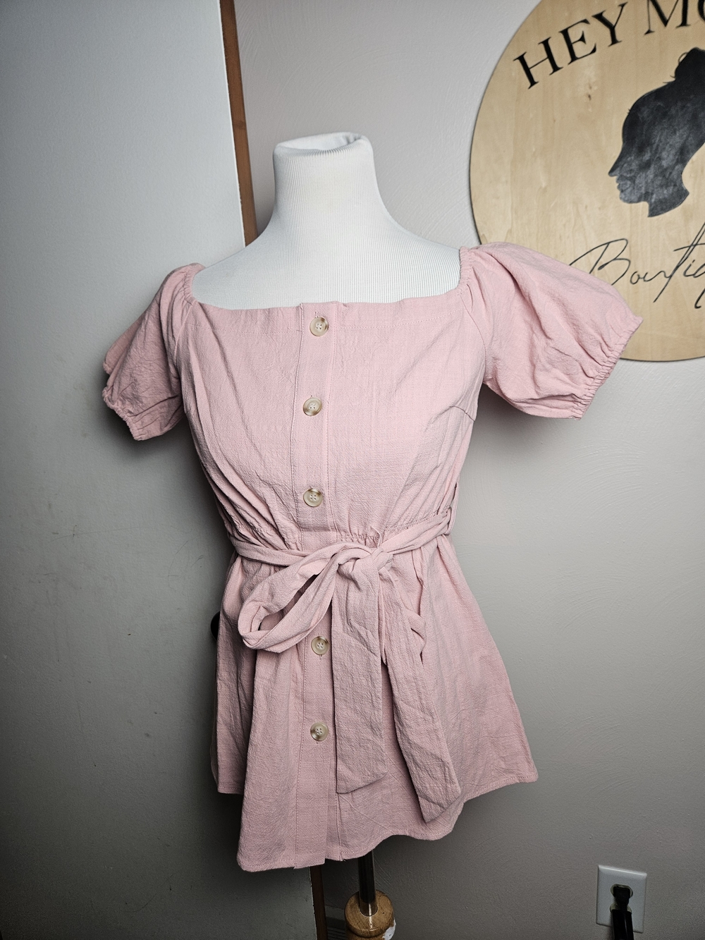Blush Pink Square-Neck Tie-Waist Button Front Top